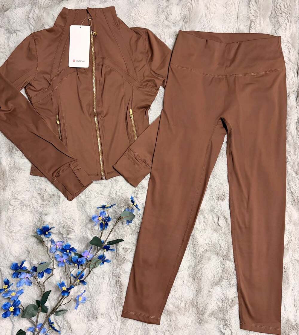Lululemon Define Cropped Jacket & Leggings Set Size 10 - Pecan Tan Brown